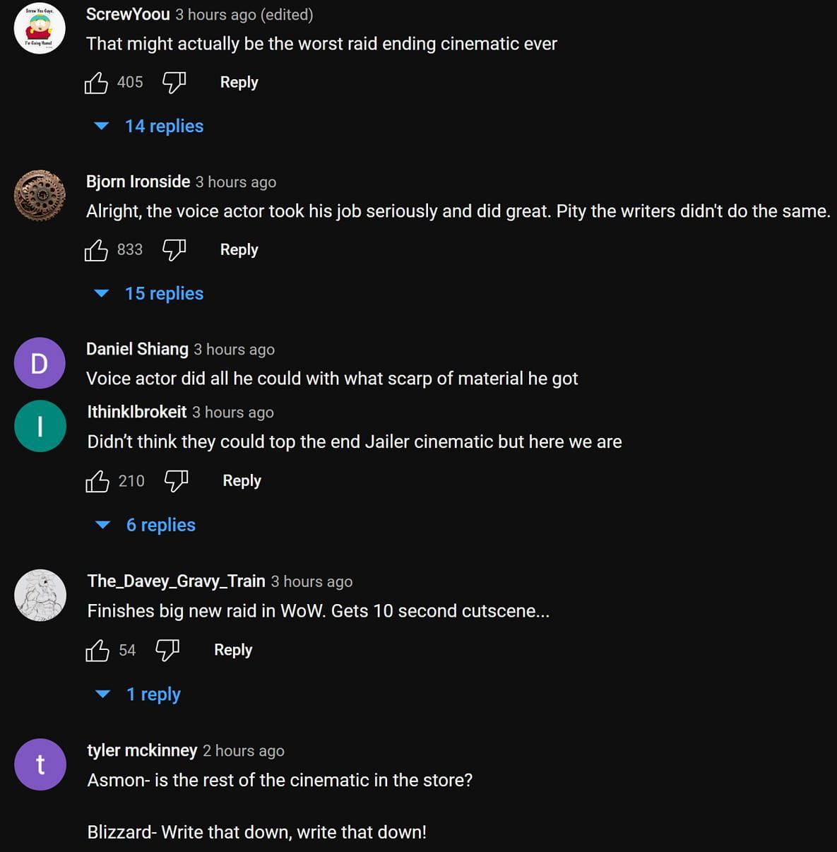 Fans in the YouTube comments section discussing WoW's cinematic (Image via Asmongold Clips/YouTube)